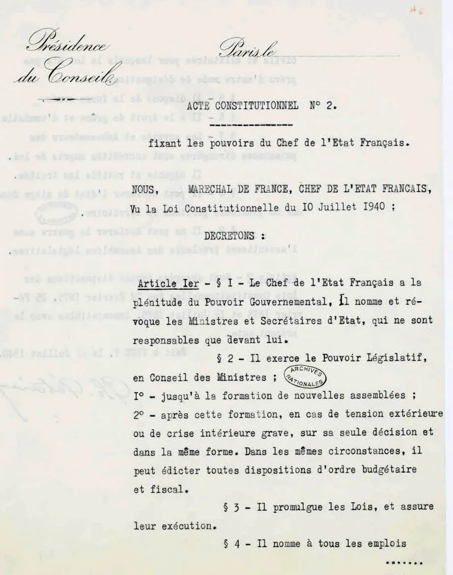 Constitutional Act No. 2 of 11 July 1940, signed by Pétain, setting out the powers of the head of the French State.