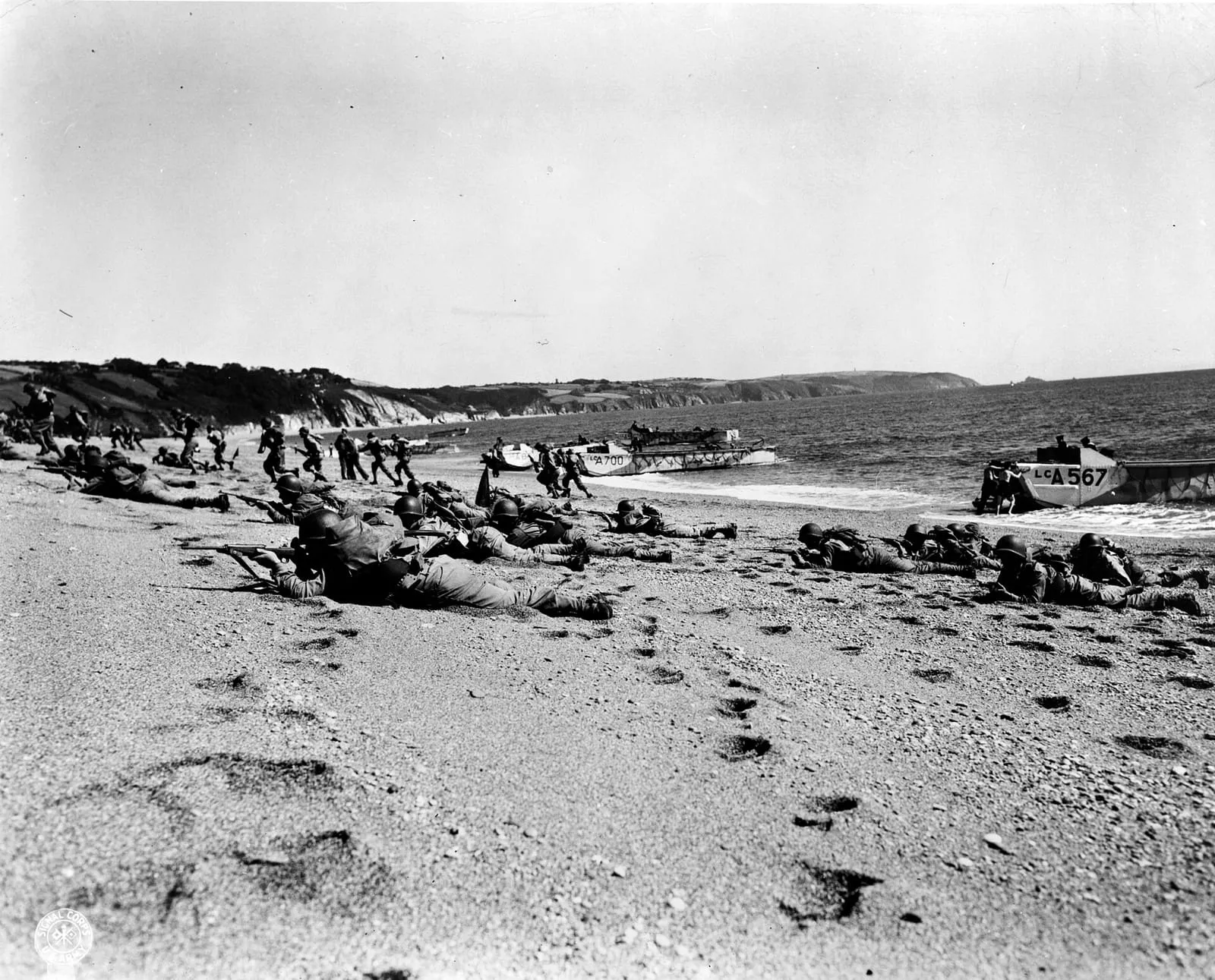 American troops landing on a beach in England during an invasion rehearsal known as Exercise Tiger.
