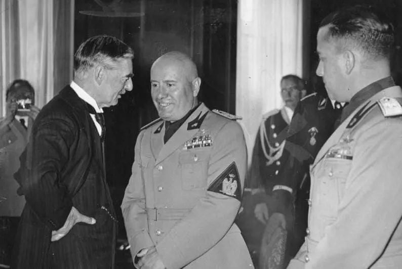 Chamberlain and Mussolini in Munich during the four-power talks, 29 September 1938.