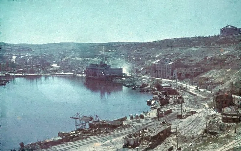 The destroyed harbour of Sevastopol during the siege, July 1942.