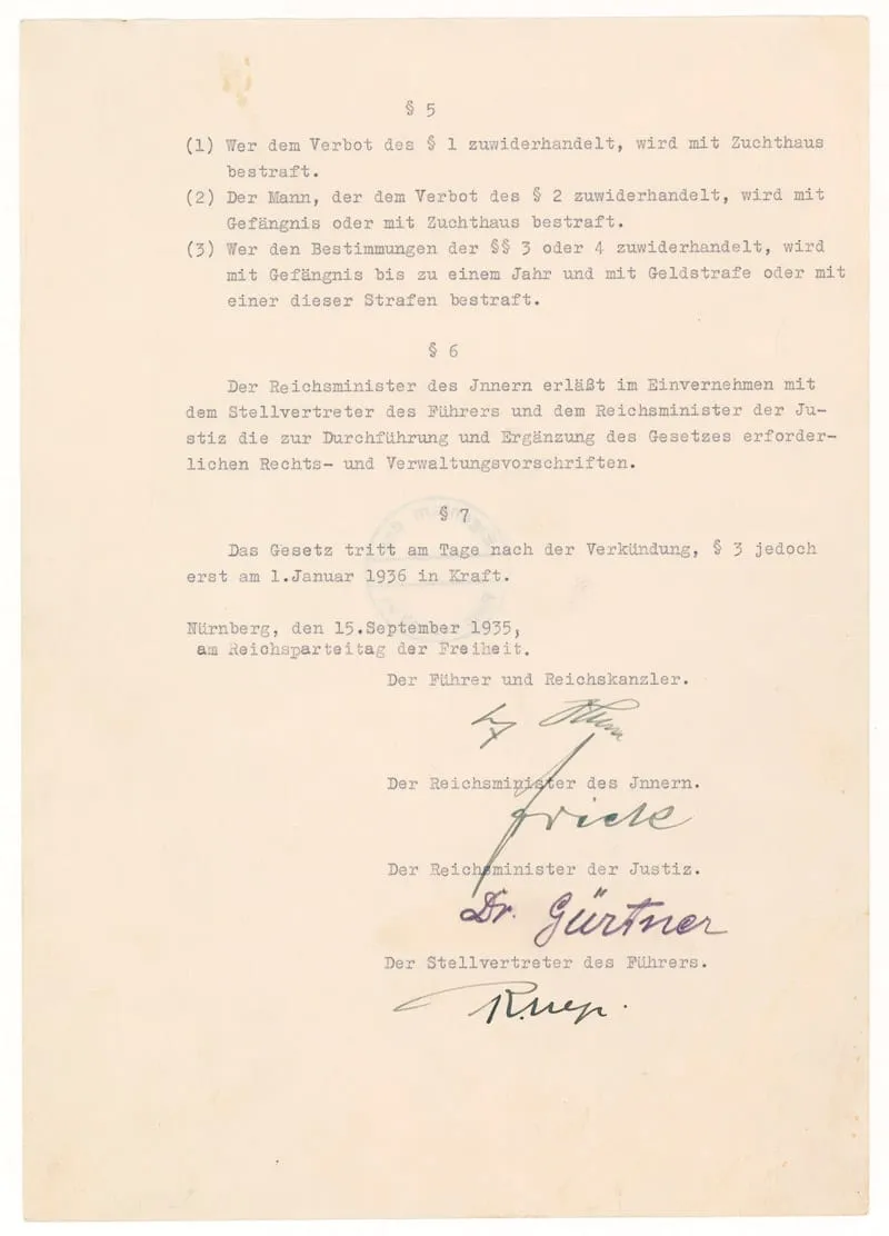 The Nuremberg Laws of 15 September 1935, signed by Hitler, Frick, Gürtner and Hess.