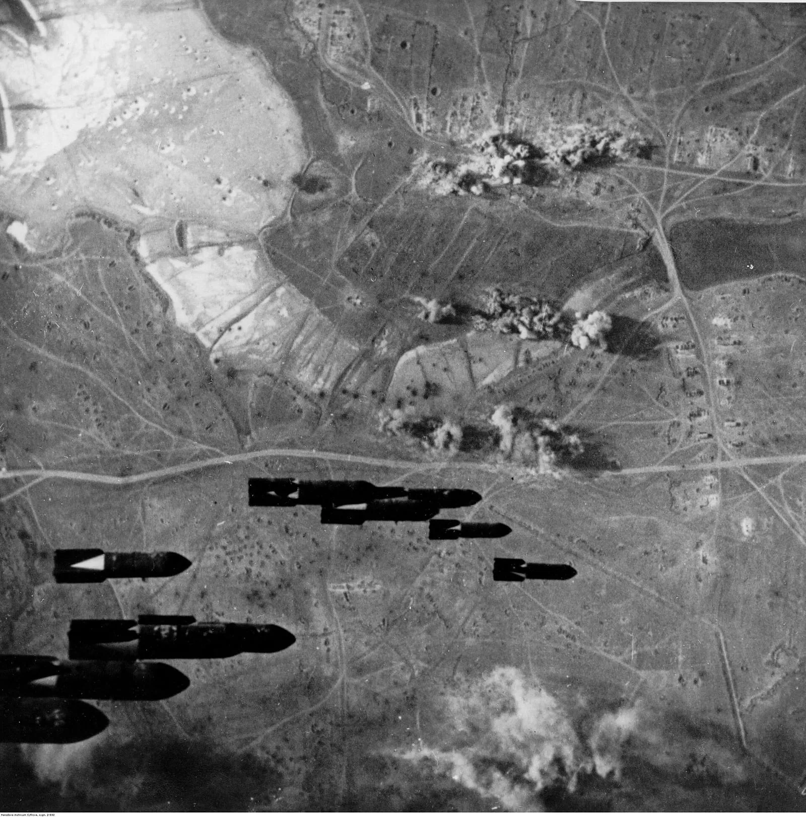 German aircraft bombing Kerch, photographed from the air with the bombs falling.