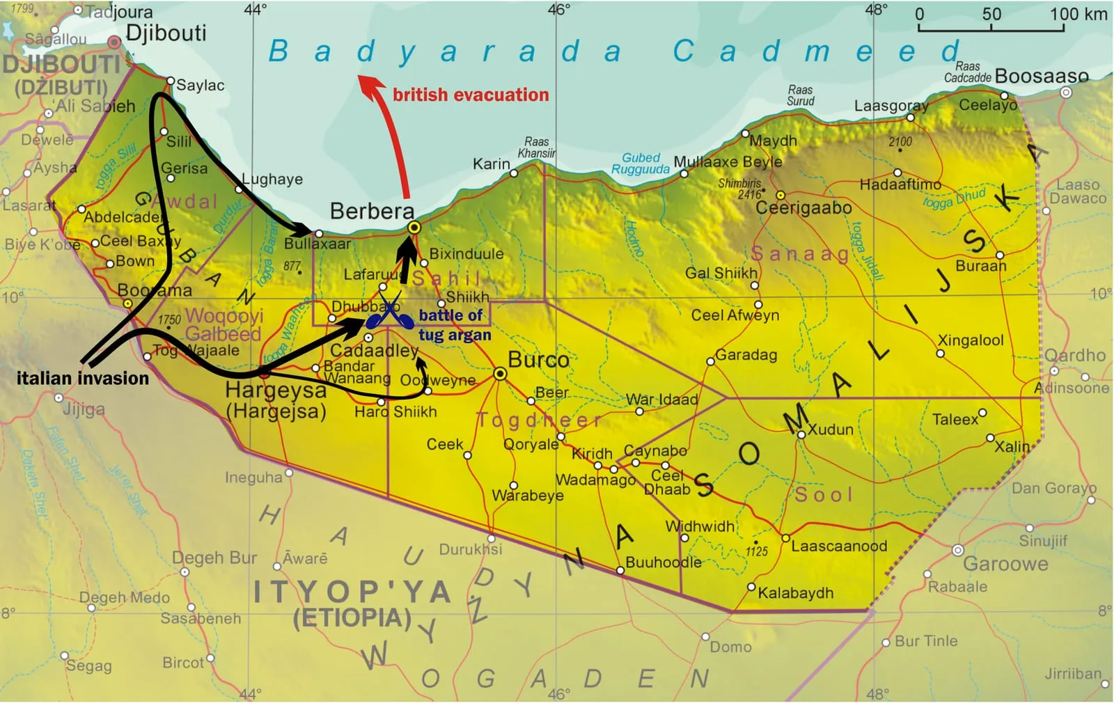 Map of the Italian invasion of British Somaliland.