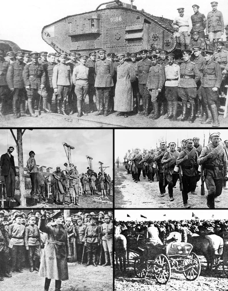 Montage: soldiers of the Don Army in 1919, a White infantry division in 1920, soldiers of the 1st Cavalry Army and Leon Trotsky.