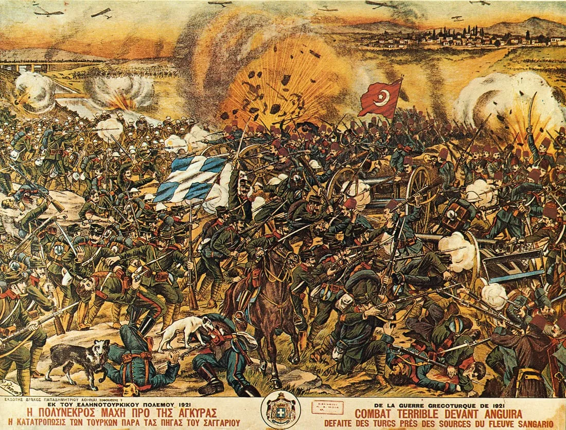 Greek lithograph depicting the Battle of the Sakarya River, 1921.