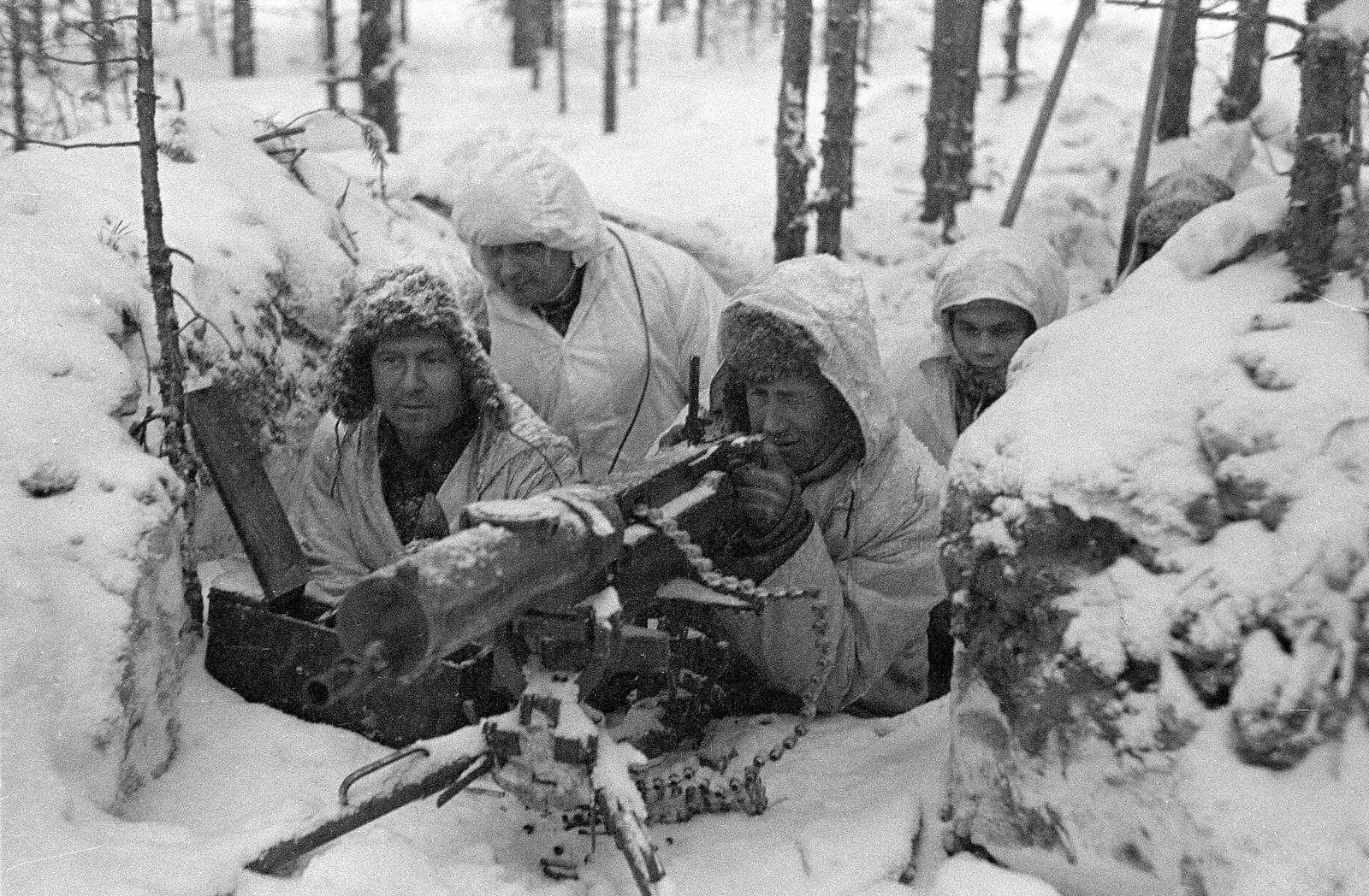 A Finnish Maxim M-32 machine-gun nest during the Winter War, February 1940.