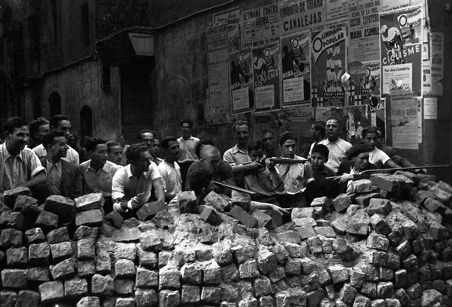 A barricade in Barcelona, 19 July 1936, after the Nationalist uprising began.