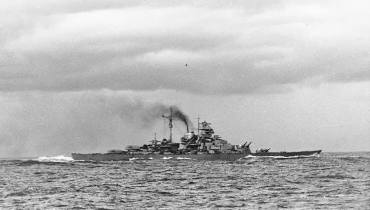 The battleship Bismarck during the engagement near Iceland, May 1941.